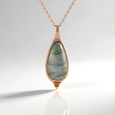 Cavill - Zilveren Halsketting 925 Sterling - Rosé Verguld - Labradoriet 4,05 ct - Oranje Saffier 0,036 ct - Elegant Druppelvormig