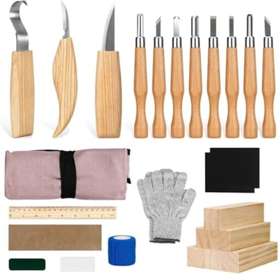 PromoHome Houtsnijgereedschapsset - 25-delig - Professionele Snijmessen Set met 11 Messen, 6 Houtblokken en Snijbestendige Handschoenen - Voor Beginners en Professionals
