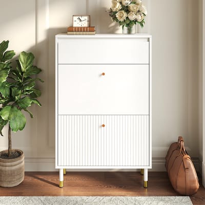 STILVORA Schoenenkast - Smal Met Lade En Twee Klepvakken - Staande Opberger Voor Hal En Gang - MDF En Spaanplaat - 65x24x104 Cm - Wit