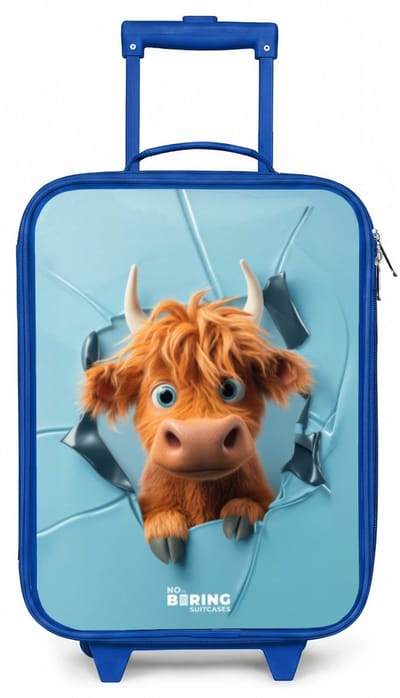 NoBoringSuitcases.com® - Kinderkoffer blauw - Kindertrolley jongen - Cartoonachtige koe breekt door muur - Koffer kind lichtgewicht - Reiskoffer trolley voor kinderen - Koffertje met lichtgevende wieltjes - Rolkoffer