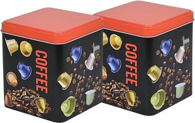 Excellent Houseware Koffie cupjes bewaarblik - 2x - zwart - cupjes en bonen print - 10 x 10 x 12 cm - bewaarbus