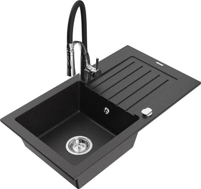 Mexen Pablo granieten spoelbak 1-koerig met afdruiprek en keukenmengkraan Aster, zwart/zilveren metallic - 6510-73-73450-07