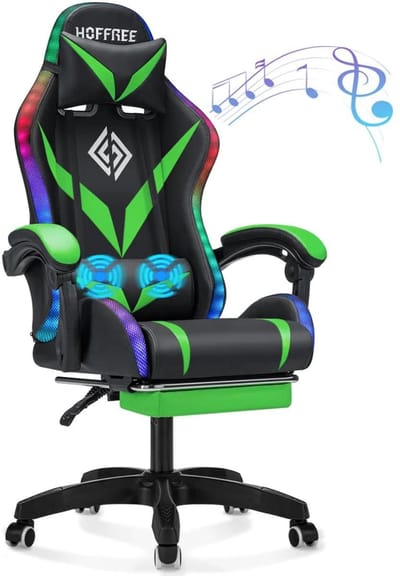 Hoffree Gaming Stoel met RGB-verlichting, Bluetooth Speakers, Massagefunctie en Voetsteun – Ergonomische Bureaustoel Verstelbaar 90°-135° – Groen/Zwart – Belastbaar tot 160 kg
