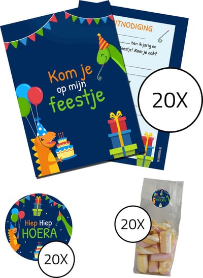 Uitnodiging kinderfeestje Compleet - Voordeelset 60 stuks : 20 uitnodigingskaarten + 20 uitdeelzakjes + 20 stickers - verjaardag feest - Dino Party - Kinderfeestjes