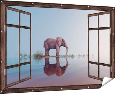 Gards Tuinposter Doorkijk Olifant bij het Water - 180x120 cm - Tuindoek - Tuindecoratie - Wanddecoratie buiten - Tuinschilderij