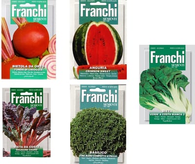 bijzonder buitenlandse groente en fruit zaden set van 5 soorten | Snijbiet verde a costa bianca | Basilicum Fino Nano-Palla | Watermeloen Crimsons Sweet | Snijbiet Da coste Rhubarb Chard | Bieten Tonda di Chioggia