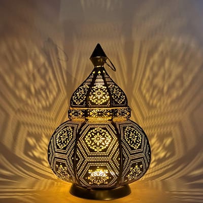 Oriental Metal Lantern, Maha Gold, 28 cm, Oriental Lantern, Moroccan Metal Lantern Outdoor Garden Lantern or Indoor Table Lamp