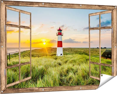 Gards Tuinposter Doorkijk Vuurtoren met Zonsopgang op een Eiland - 150x100 cm - Tuindoek - Tuindecoratie - Wanddecoratie buiten - Tuinschilderij