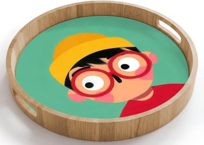 Dienblad rond 40x40 cm - Schootdienblad hout - Jongen - Cartoon - Bril - Muts - Borrelplank rechthoek - Plateau houten dienbladen