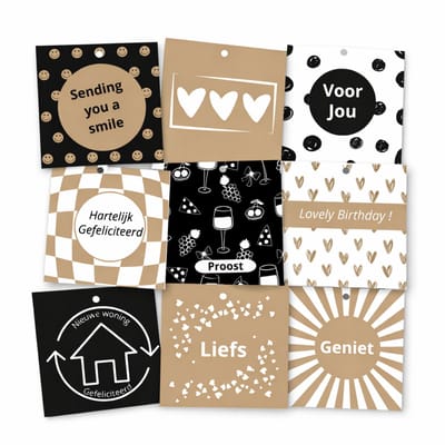 44x Cadeaukaartjes (SIEM Serie) – "Voor elk moment" – 22 Designs – 7×7 cm – Cadeaulabels / Mini Wenskaartjes – Met Boorgaatje – Voor Cadeaus & Verpakkingen