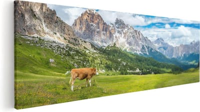 Artaza Canvas Schilderij Bergen - 60x20 cm - Wanddecoratie Koeien - Muurdecoratie Landschap - Kamer Accessoires Natuur