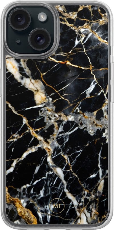 Hybride hoesje geschikt voor iPhone 13 - Black marble elegance - Extra bescherming - Luxe beschermhoes - TPU case - Transparant, Zwart, Goud - Mooie Telefoonhoesjes
