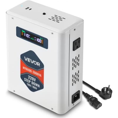 VEVOR 2000 VA Step Down Voltage Converter, Robuuste 220V naar 110V Stroomtransformator met 2 Amerikaanse Stopcontacten, USB-uitgang, LCD-scherm, Temperatuurbeveiliging, voor 110V-apparaten