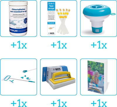 Zwembad Onderhoudspakket - Onderhoud Zwembad - bevat Chloor - Testrips - Chloordrijver - Schoonmaakset - Scrubborstel en Zwembadgids (6-delig)