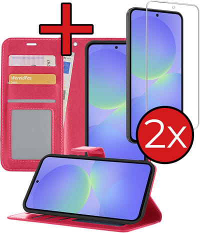 Hoesje - Met 2x Screenprotector - Geschikt voor Samsung Galaxy A36 - Luxe Pasjeshouder - Flip Case - Bookcase Portemonee - Kunstleer Book Case - Flipcase Hoes - Book Cover - Walletcase - Portemonneehoes - Telefoonhoes - Donkerroze