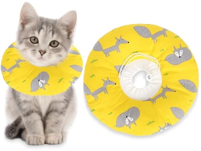 Dailygoods- Elizabethaanse Kraag met Anti-lek-wondontwerp - Verstelbare Halsband - Zachte Trechter - Kattenset met Bijttouw - Hoofdomtrek 13-22 cm - Schattig Geel Vossenpatroon - Kattenhalsband