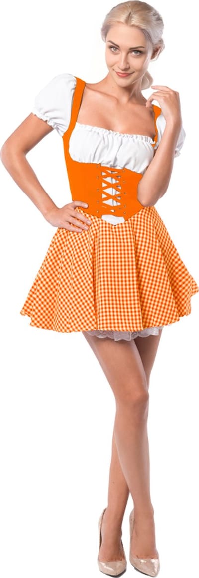Partychimp Oranje jurkje Eva voor bij EK Voetbal 2024 WK Koningsdag Verkleedkleren Volwassenen Oranje Verkleedkleding Carnavalskleding Dames Oktoberfest Dames Oktoberfestkleding Dames Carnaval Kostuum Dames - Polyester - Oranje - S/36