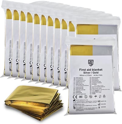 Nooddeken 12 stuks - Reddingsdeken 160x210 - Technosafety Isolatiedeken Goud Zilver - Noodpakket