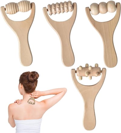 Inovra Plus - Houten Massagerollers Set van 4 stuks - Fasciarol met handvat - Voor nek, schouder, benen, voeten, gezicht en rug