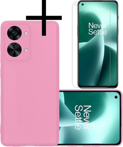 Hoesje - Met Screenprotector - Geschikt voor OnePlus Nord 2T - Sterk & Shockproof - Back Cover - Siliconen Case - Telefoon Hoes - Lichtroze