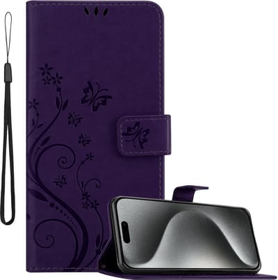 Cadorabo Hoesje geschikt voor Apple iPhone 16 PRO in BLOEMEN DONKER PAARS - Beschermhoes in bloemmotief met magnetische sluiting, standfunctie en kaartsleuven Book Case Cover Etui