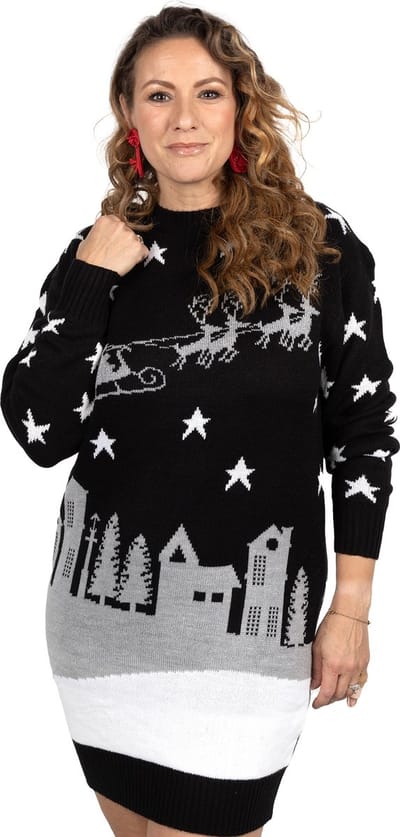 Foute Kersttrui Dames - Christmas Sweater - Kerstjurk "Kerstman in de Nacht" - Vrouwen Maat S