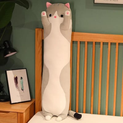 50 70 90 110 130cm Zacht Lang Kat Pluche Speelgoed Schattig Slaapkussen voor Kinderen Meisjes Bed Slapen Huis Decoratie Cadeau Pop 50CM zilver