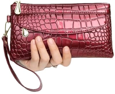 Luxe Dames Clutch Portemonee & Telfoonhouder in 1 I Met Pasjeshouder En Briefgeld Vakje I Met Polsband I Voor Brief & Muntgeld I Krokodillen Patroon I PU Leer I Rood