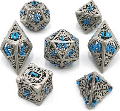 Lapi Toys - Dungeons and Dragons dobbelstenen - DnD Dice - Polydice - Dobbelstenen Dungeons Dragons - Metal dice - Metalen Dobbelstenen - DnD Dice Set - Hollow dice - 1 set (7 stuks) - Metaal - Zilverkleurig