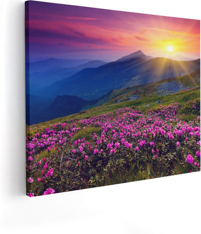 Artaza Canvas Schilderij Bergen - 100x80 cm - Groot - Wanddecoratie Bloemen - Muurdecoratie Zonsondergang - Schilderijen Op Canvas