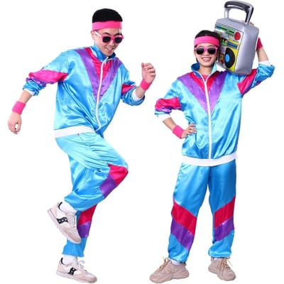 Trainingspak Kostuums voor Mannen 90s Hip Hop Shell Suit Kostuum Heren 80s Retro Trainingspak Jas Disco Kostuum Windjack en Broek XXL blue