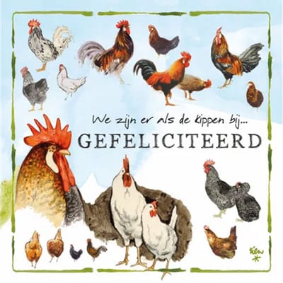 Rien Poortvliet Wenskaart We zijn er als de kippen bij… GEFELICITEERD – Kippen en Hanen – 13,5 x 13,5 cm