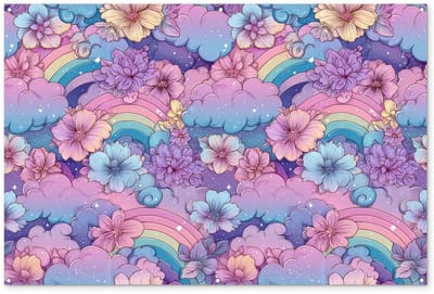 Tuinposter 180x120 cm - Tuindecoratie Regenbogen - Bloemen - Kleurrijk - Wolken - Poster voor in de tuin - Buiten decoratie - Schutting tuinschilderij - Tuindoek muurdecoratie - Wanddecoratie balkondoek