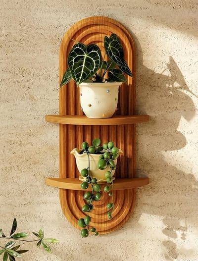 Wandplank zwevend - Planten Wandplank – Boho Houten Wandrek met 2 Lagen – Zwevende Wandplank voor Bloempotten en Woondecoratie – Natuurlijk bruin