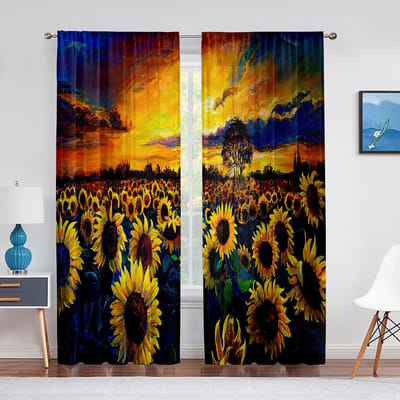 Olieverf Zonnebloem Gele Bloemen Kunstwerk Tule Gordijnen voor Woonkamer Slaapkamer Chiffon Transparant Voile Keukengordijn 1 PCS W100XH250cm&Grommet Top