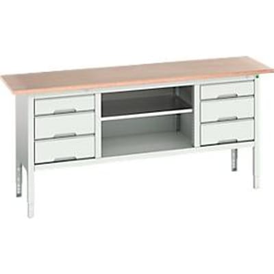 Bott verso box-type werkbank, met multiplex blad, 6 laden & 1 legplank, B 2000 x D 600 x H 830 - 930 mm, RAL 7035 lichtgrijs