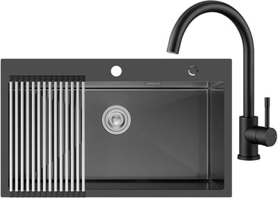 CECIPA max Spoelbak Keuken Antraciet (75x45 cm) - Spoelbakken Met Keukenkraan en Afdruip - Enkele spoelbak Met Waterafvoersysteem - Wasbak Keuken Antraciet