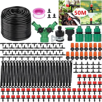 Automatische Druppelirrigatie Sproeier Set, Tuin Irrigatiesysteem, 200-Delige Druppelirrigatie Kit, Automatische Druppelirrigatie Kit Met 50-Meter Slang, Automatische Sproeier Kit Voor Tuin Gazon Serre Planten