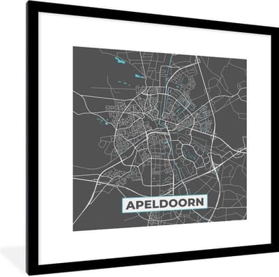 Fotolijst incl. Poster - Plattegrond - Apeldoorn - Grijs - Blauw - 40x40 cm - Posterlijst - Stadskaart