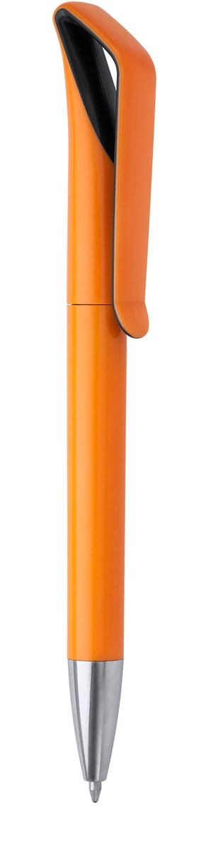 10 Pennen in ABS met draaimechanisme in tweekleurige glanzende afwerking. Kleur Oranje model Irati Blauwe inkt.