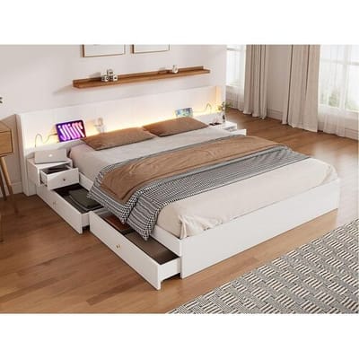 ModernLuxe Opbergbed voor volwassenen 180x200cm in hout - met USB- en LED-aansluitingen - 2 nachtkastjes en 2 laden - Wit