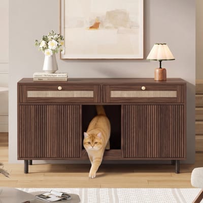 PHOEBE CAT Kattenbakmeubel - Halmeubel - Bijzettafel - Met spatmat - 2 rieten lades - Walnootkleur (zonder kattenbak)
