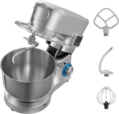 Standmixer met Een Capaciteit van 5,7 L, 1500 W Elektrische Keukenmixer, 6+P Snelheden, Kantelbaar Ontwerp, Inclusief 1,5 L Blenderbeker, Roestvrijstalen Kom, Deeghaak, Garde en Klopper voor Bakken en Mixen, Zilver
