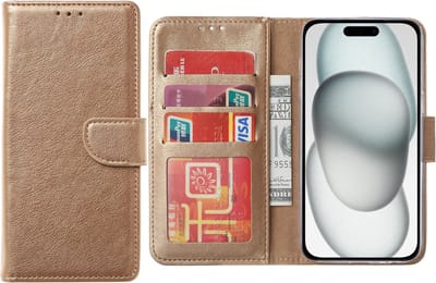 Hoesje Geschikt voor iPhone 15 – Arara bookcase met pasjeshouder- Goud