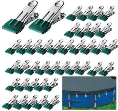 Set van 40 zwembadafdekkingclips - Roestvrijstalen grondclips voor zwembadafdekkingen, lakens en handdoeken voor de winter - Roestbestendig, duurzaam, gemakkelijk te openen, geschikt voor zwembadleuningen en -randen.