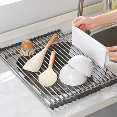 Afdruiprek voor servies, afdruiprek van roestvrij staal, boven de gootsteen, afdruipmat, opvouwbaar afdruiprooster, keukenorganizer voor spoeldoekhouder, fruit en groenten (zwart, 43 x 35)