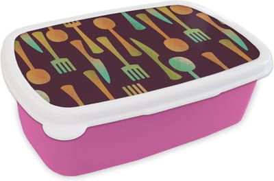 Broodtrommel Roze - Lunchbox Keukengerei - Patroon - Retro - Brooddoos 18x12x6 cm - Brood lunch box - Broodtrommels voor kinderen en volwassenen