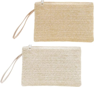 2-delige rieten clutch tas voor dames, zomer strandtas met rits, bohemian handtas voor vrouwen en meisjes
