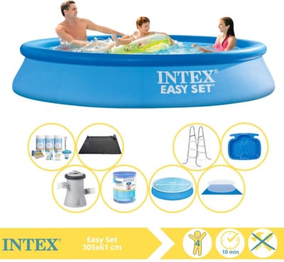 Intex Rond Opblaasbaar Easy Set Zwembad - 305 x 61 cm - Blauw - Inclusief Solarzeil - Onderhoudspakket - Zwembadfilterpomp - Filter - Grondzeil - Solar Mat - Ladder - Voetenbad - 9-delig