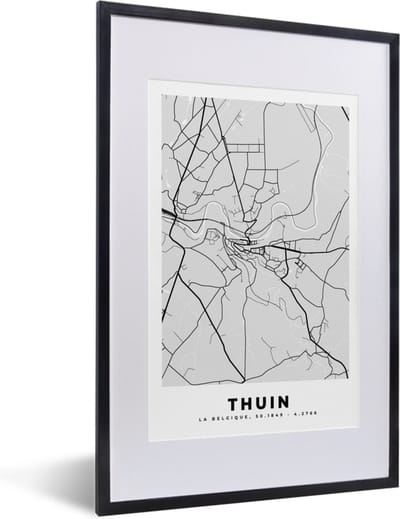Fotolijst incl. Poster Zwart Wit- België – Thuin – Stadskaart – Kaart – Zwart Wit – Plattegrond - 40x60 cm - Posterlijst